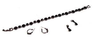 Vintage Estate Faux Onyx and Chrome Tennis Bracelet Earrings 3-Piece Jewelry Set